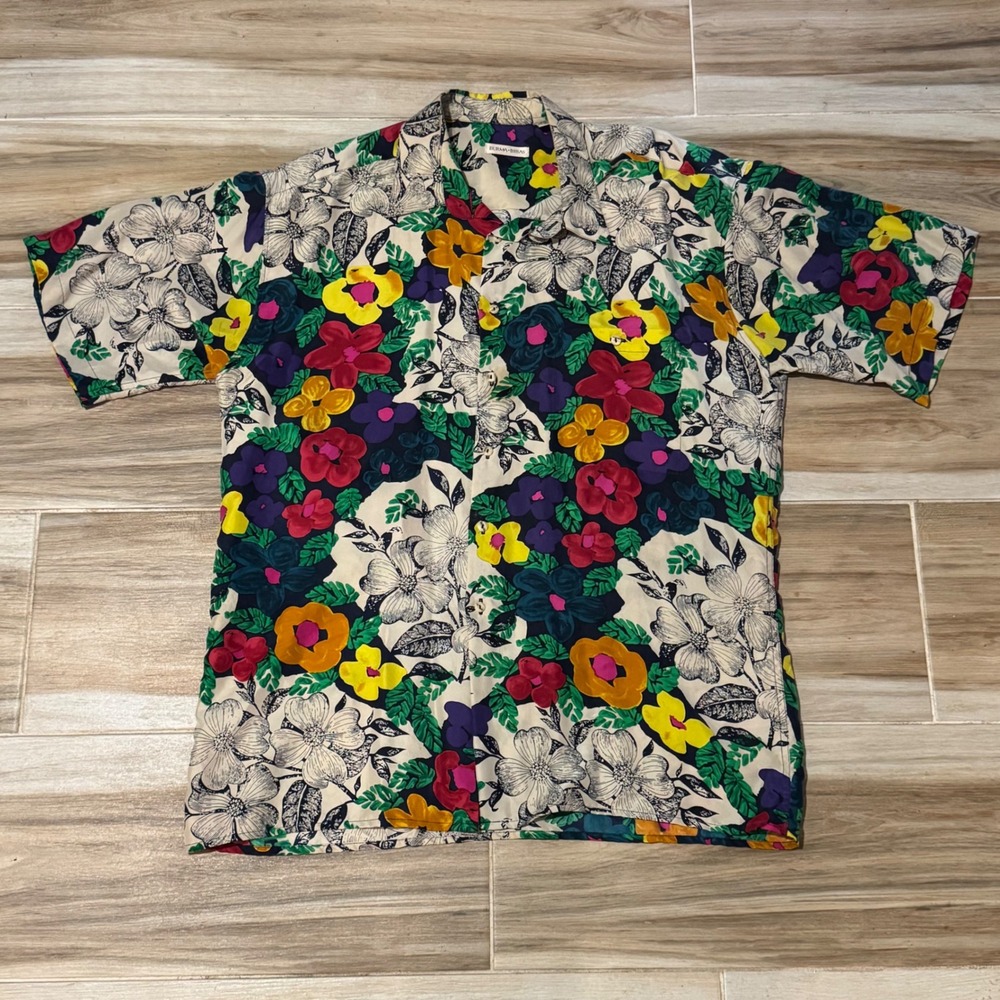 Burma Bibas Mens XL Silk Floral Button Down Shirt Vintage Short Sleeve Camp XL